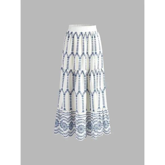 Commense Boho Blue & White Embroidered Maxi Skirt Flowing Tiered Summer Skirt S - Picture 9 of 10
